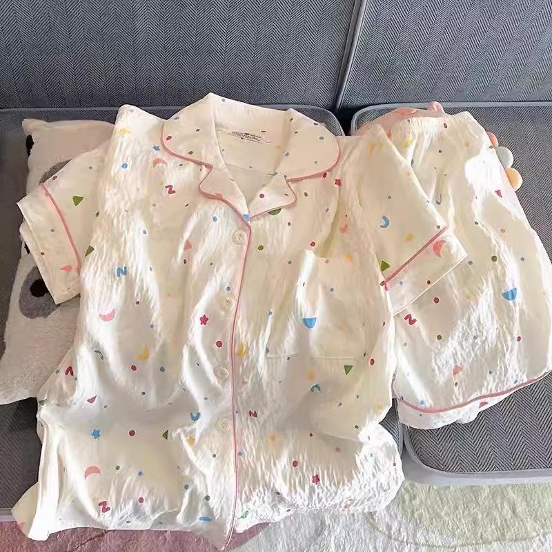 2024 Милый мультяшный женский хлопковый пижамный комплект - летний с короткими рукавами и шортами