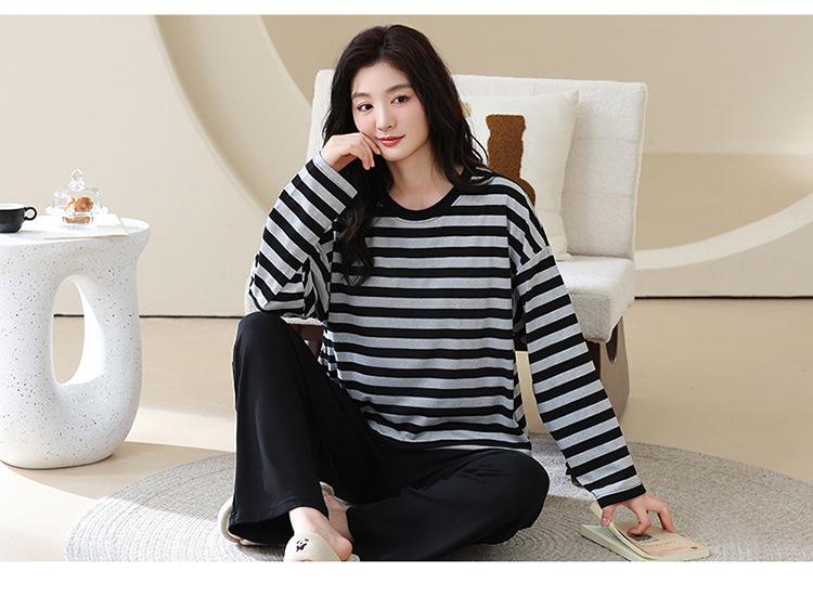 Женская осенняя пижама с круглым вырезом, в полоску, с длинным рукавом и нагрудными вкладышами - Повседневный комплект больших размеров для дома и улицы