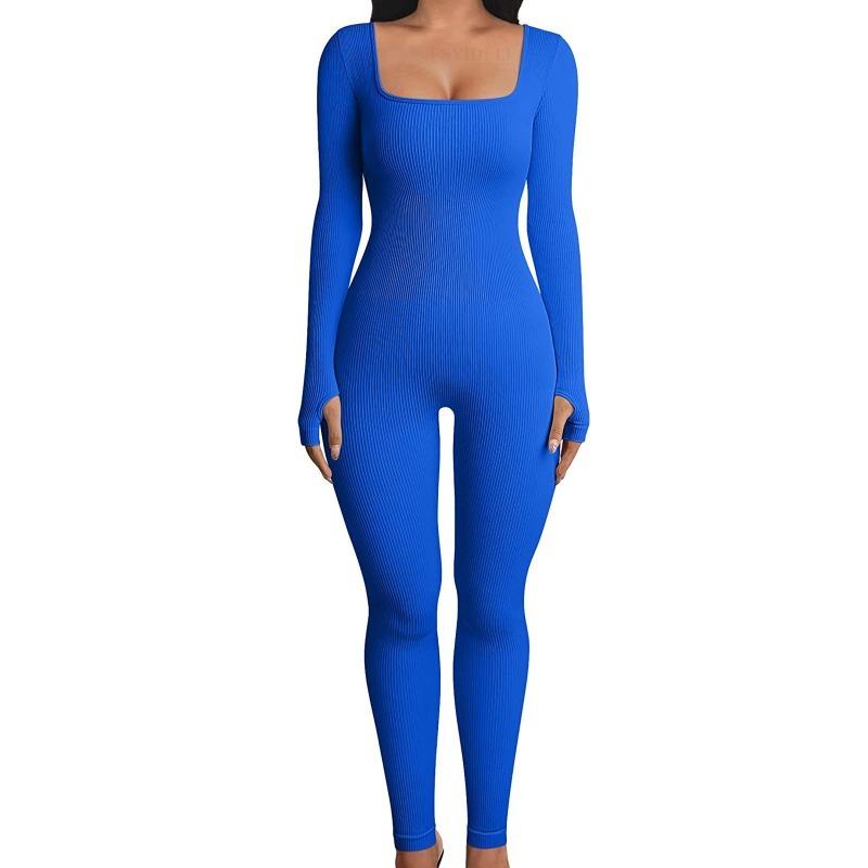 Spring Autumn Square Neck Women Yoga Bodysuit Plus Size Long Sleeve Sports Hip Lift Sexy Playsuit Solid Color Fitness Bodycon Women's Clothing 3521