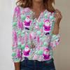 Women's Fashion Casual V-Neck Long Sleeve Decorative Button Christmas Print Top