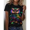 Summer Women's Round Neck Fashionable Short Sleeved T-shirt with Colorful Owl Print for Quick Drying and Casual Ventilation