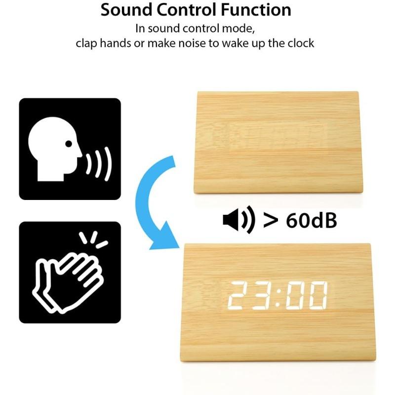 Multi-function LED Alarm Clock Digital Plug-in Clock, Bamboo Voice Control Clock, Adjustable Brightness, Alarm Time, Display Time Date Temperature