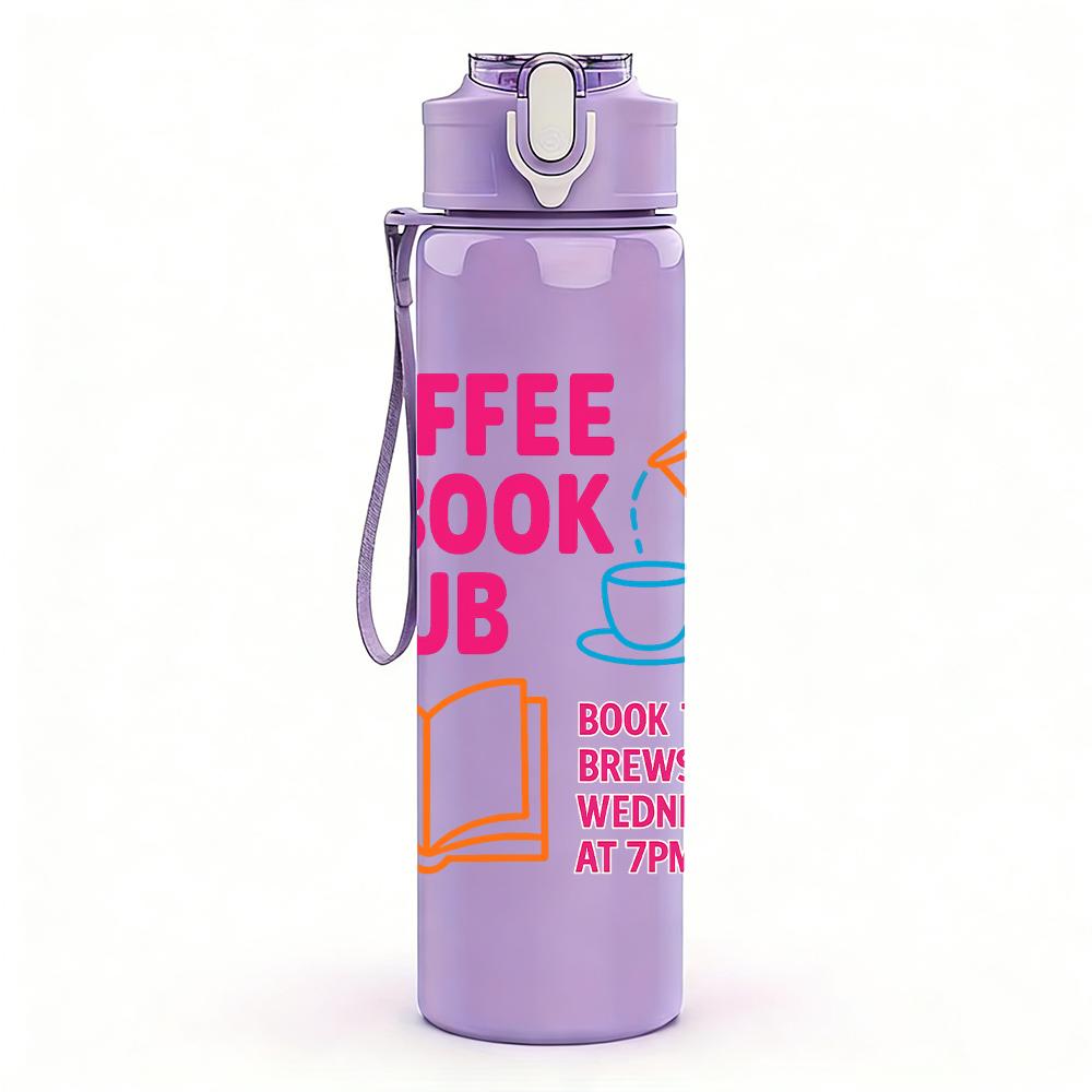 1PC Coffee Book Club Text Graphic,750ml Color Plastic Sports Water Bottle,Leakproof Flip Straw Lid,Suitable for Sports Office Home Use