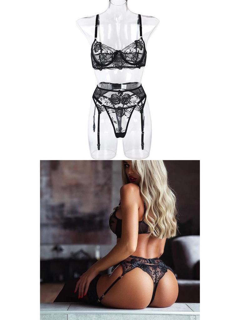 Женский модный комплект нижнего белья: Кружевной вышитый бюстгальтер пуш-ап на косточках в европейском и американском стиле, комплект из трех предметов (2021).