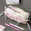 Precious White Pencil Case with Pink Polka Dot Bow Decoration, Spacious Zipper Bag for School Stationery