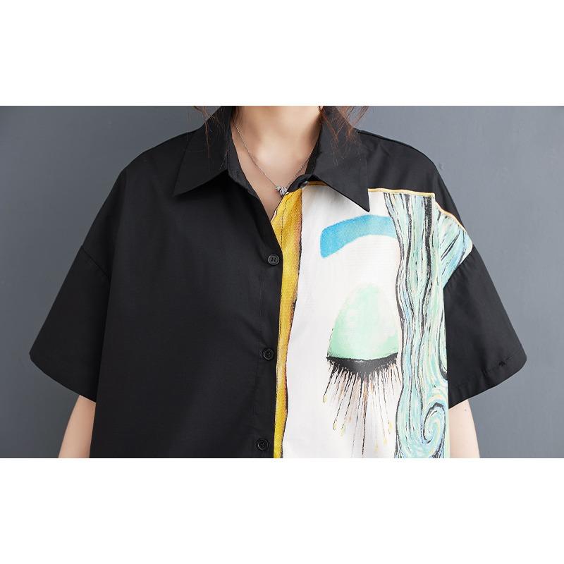 DIMANAF 2025 Плюс Размер Новая Женская Летняя Свободная Рубашка Короткий Рукав Винтажная Рубашка Повседневные Базовые Топы Футболки Печать