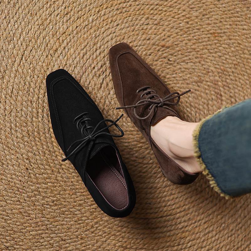 Krazing Pot Sheep Suede Autumn Winter Shoes Stiletto Med Heels Lace Up Size 43 Size 42 Pointed Toe Deep Mouth Pumps