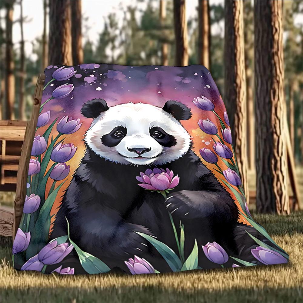 1pc Panda Flower Throw Blanket Polyester Fiber, Lightweight Flannel, Soft & Warm, All Season Use for Outdoor, Camping Digital Print