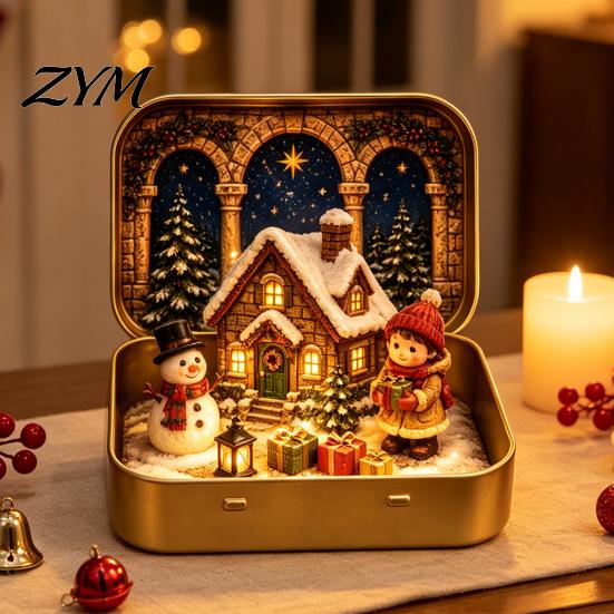 Christmas Ornament Tiny Wonderland in a Tin, Mini Holiday Diorama Decor, Miniature Winter Scene with Santa, Tree, Gifts & Snowman, Table Shelf Mantel