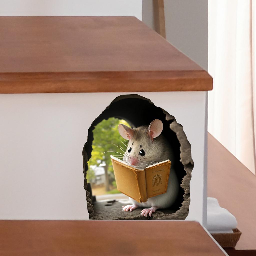 3D-наклейка на стену «Мышь, читающая книгу» — съемная наклейка из ПВХ для декора спальни и офиса, искусство самоклеящейся наклейки (2 стиля)