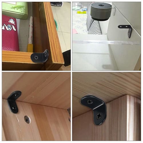 Samcos L-Shaped Stainless Steel Angle Brackets with Right-Angle Hooks, 16 Pieces, Anti-Tip Reinforcement Brackets, 32 Screws Included, Shelf Brackets