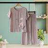 Cotton Linen Two Piece Outfit for Elderly Women Loose Floral Short Sleeve Crewneck Top And Wide Leg Pants Set Casual Lounge Homewear