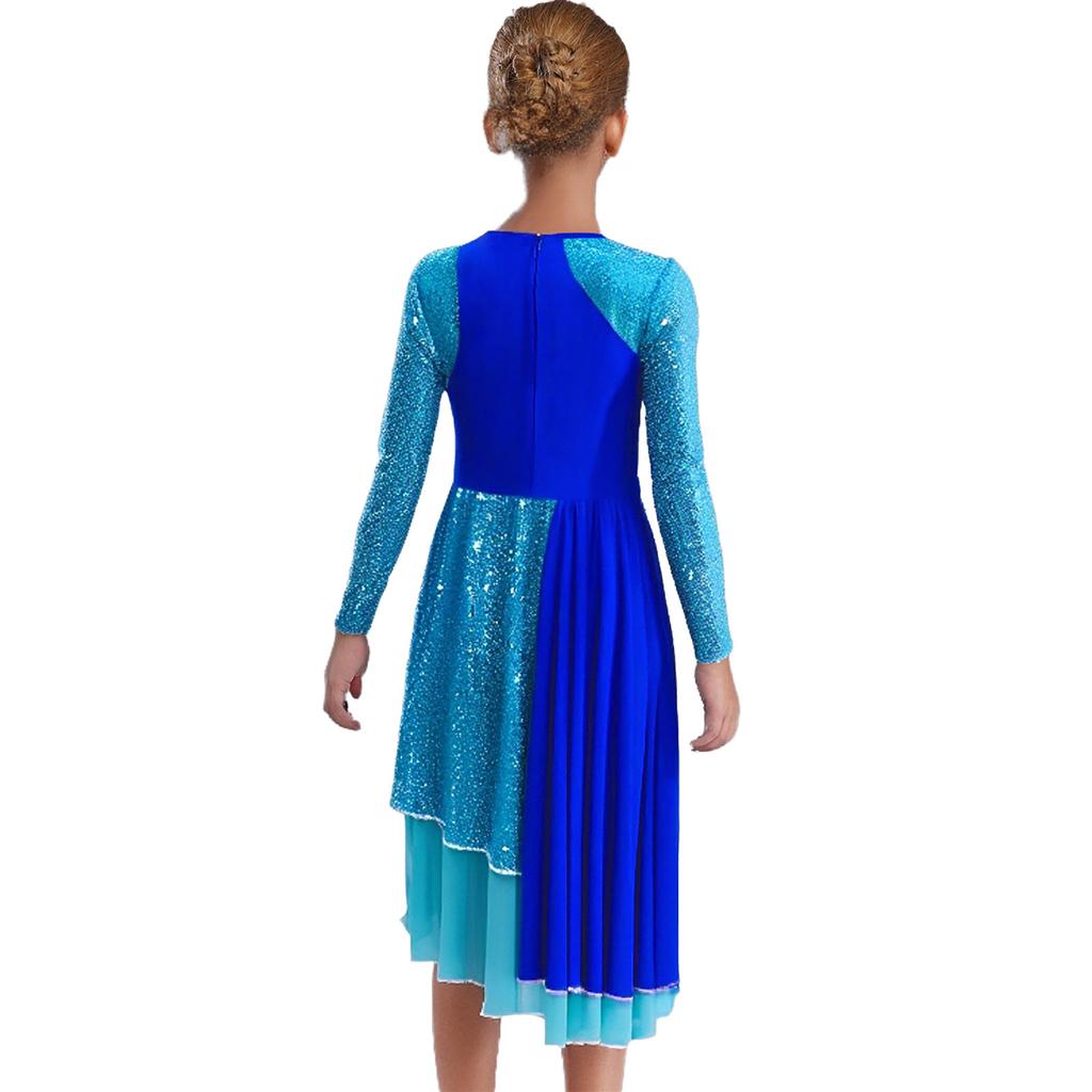 Girls Praise Dance Dress Long Sleeve Round Neck Design with Sparkling Sequins Color Block Asymmetrical Robe