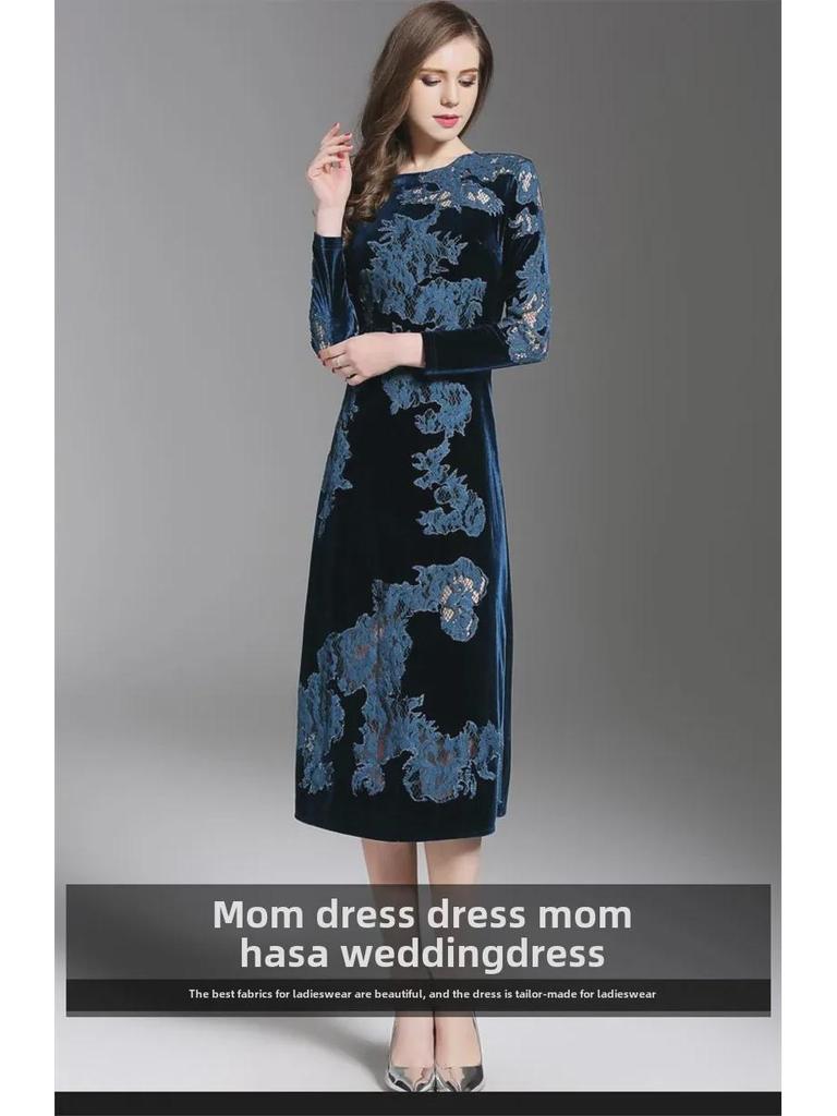 Женское платье средней длины из золотого бархата с вышивкой - корейский стиль