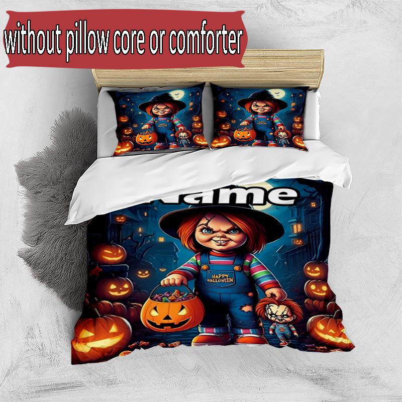 3pcs Duvet Cover Set (1*Duvet Cover + 2*Pillowcase, Without Core), Custom Name Bride of Chucky Pattern Bedding Set, Home Bedroom Decor Gift