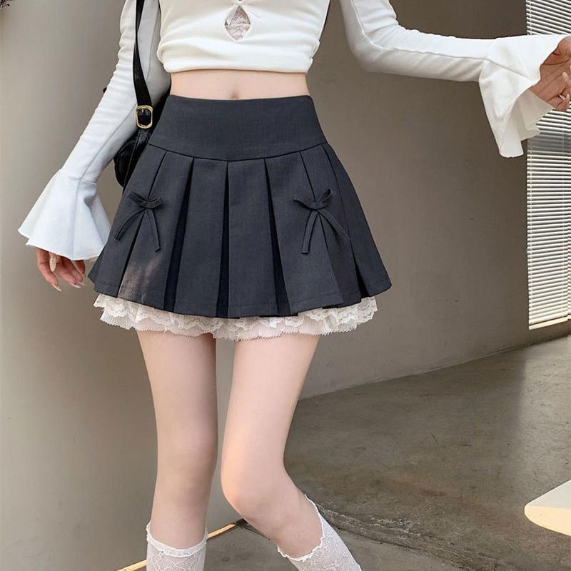 Юбка-плиссе для девочек, серая кружевная мозаика, А-силуэт, короткая юбка, юбка-бантик с высокой талией для девочек из группы Minority Spice Girls, элегантная короткая юбка