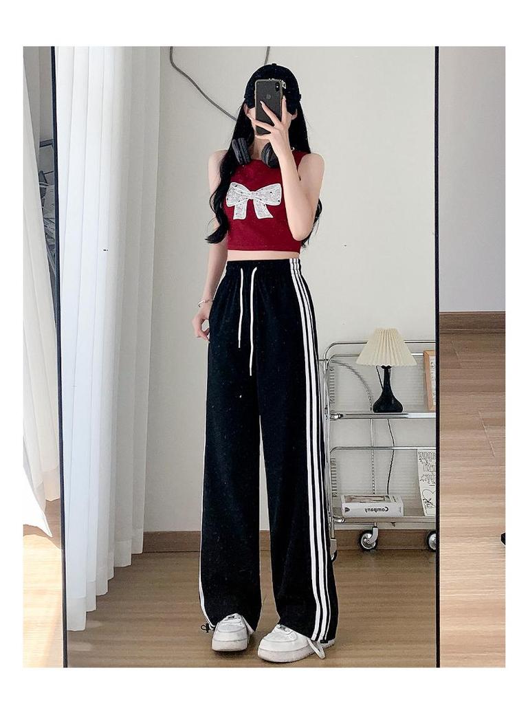 Women's High-Waist White Quick-Dry Wide-Leg Pants - Ice Silk, Anti-Mosquito, UV Protection, Summer Drape with Side Stripes