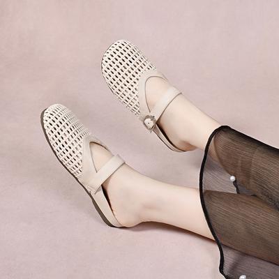 Плетеные тапочки женские для улицы летние новые с круглым носком полые повседневные на плоской подошве сандалии для отдыха ленивые шлепанцы