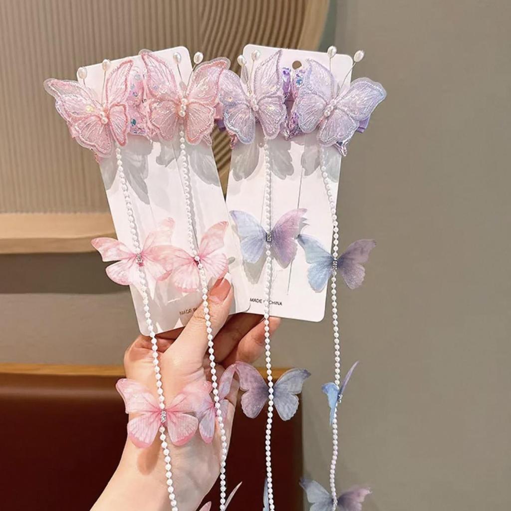 2 шт./набор Заколка для волос в виде бабочки с жемчугом феи, принцесса, кисточка, плетеная цепочка для волос, заколка для волос, милый детский головной убор, детский аксессуар для волос