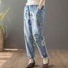 Retro Printed Light Blue Cropped Jeans for Women In Plus Size, Elastic High Waisted, Loose Straight Leg Pants