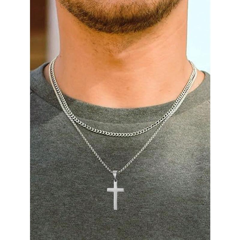 Комплект мужских многослойных ожерелий из 2 предметов - Минималистичная подвеска-прямоугольник и цепочка-колье, Идеальный подарок на Рождество/Новый год