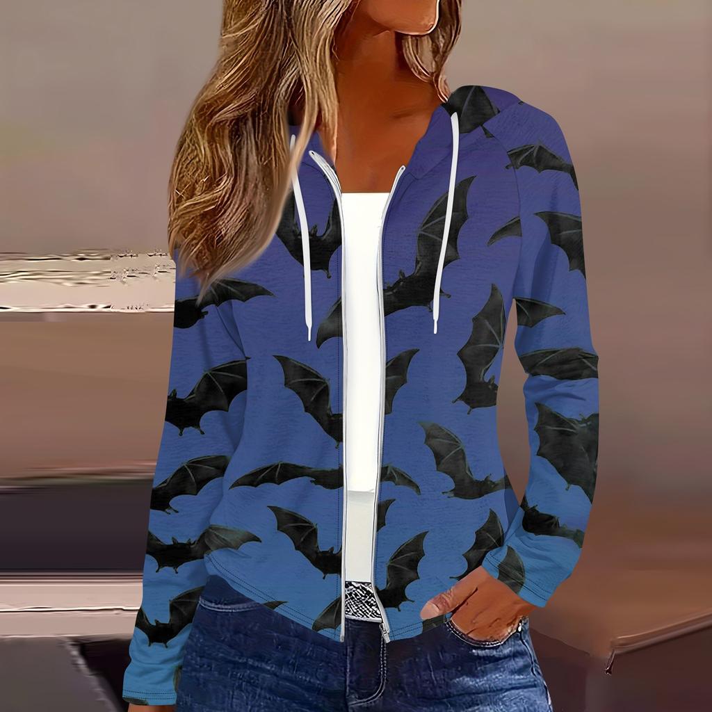 Women's Fashion Casual Zip Up Hooded Halloween Print Long Sleeve Sweatshirts Coat