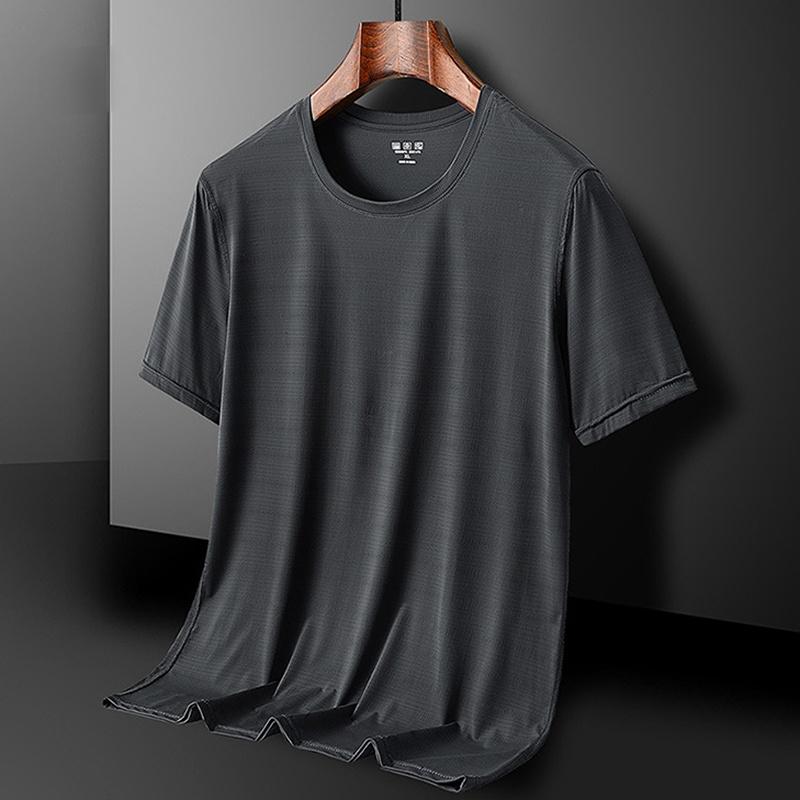 Ледяной шелк, быстросохнущая спортивная футболка с круглым вырезом, трикотажные изделия для спортзала, рубашка для фитнеса, футболка для бега, мужская дышащая спортивная одежда, сплошной цвет