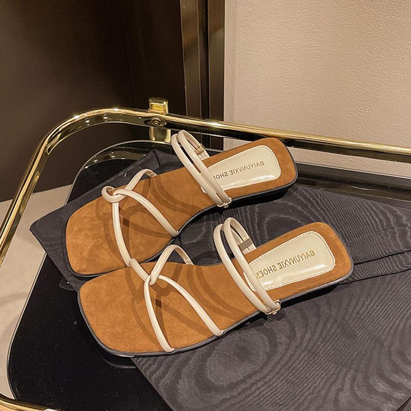 Fashion versatile Internet celebrity retro sense square head word with slope heel sandals women summer Maillard two wear sandals