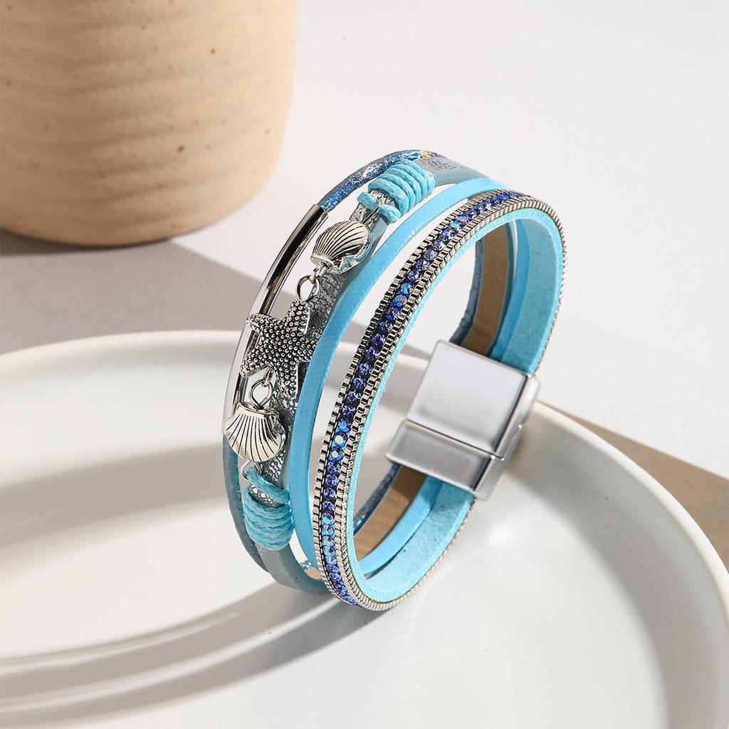 Кожаный браслет ручной работы в богемном стиле с морской звездой и ракушкой для женщин