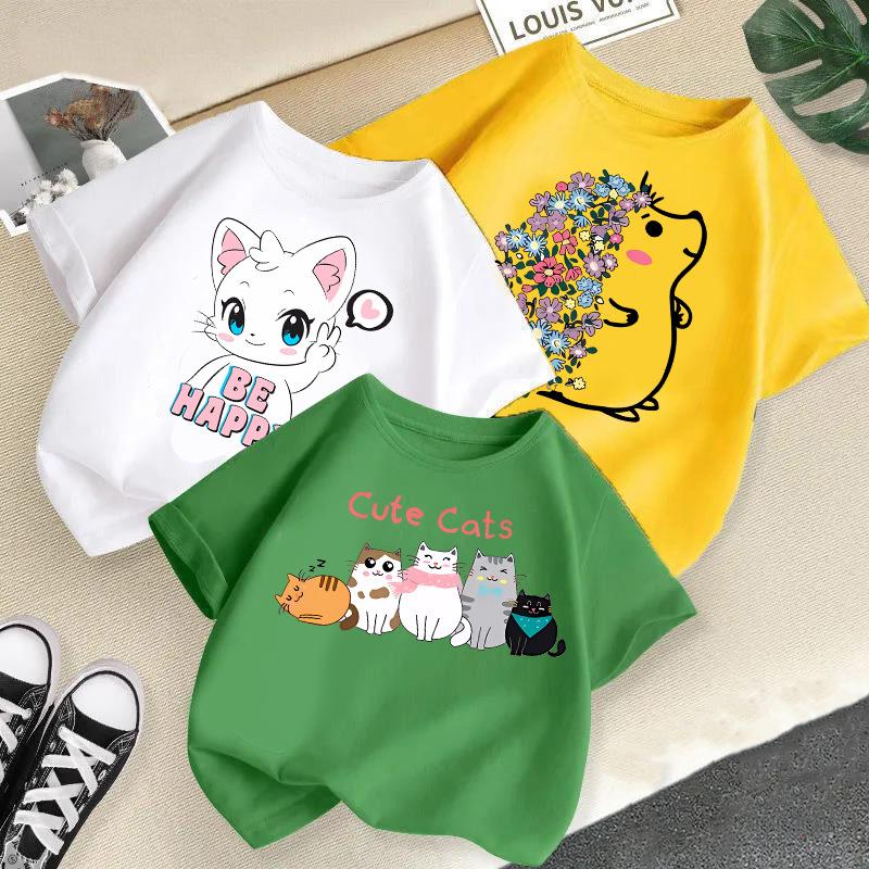 2-13Y Children T-shirt Cat Printed Kids Clothes 100% Cotton T-shirt Tops Tee Boys Girls Baby Tee