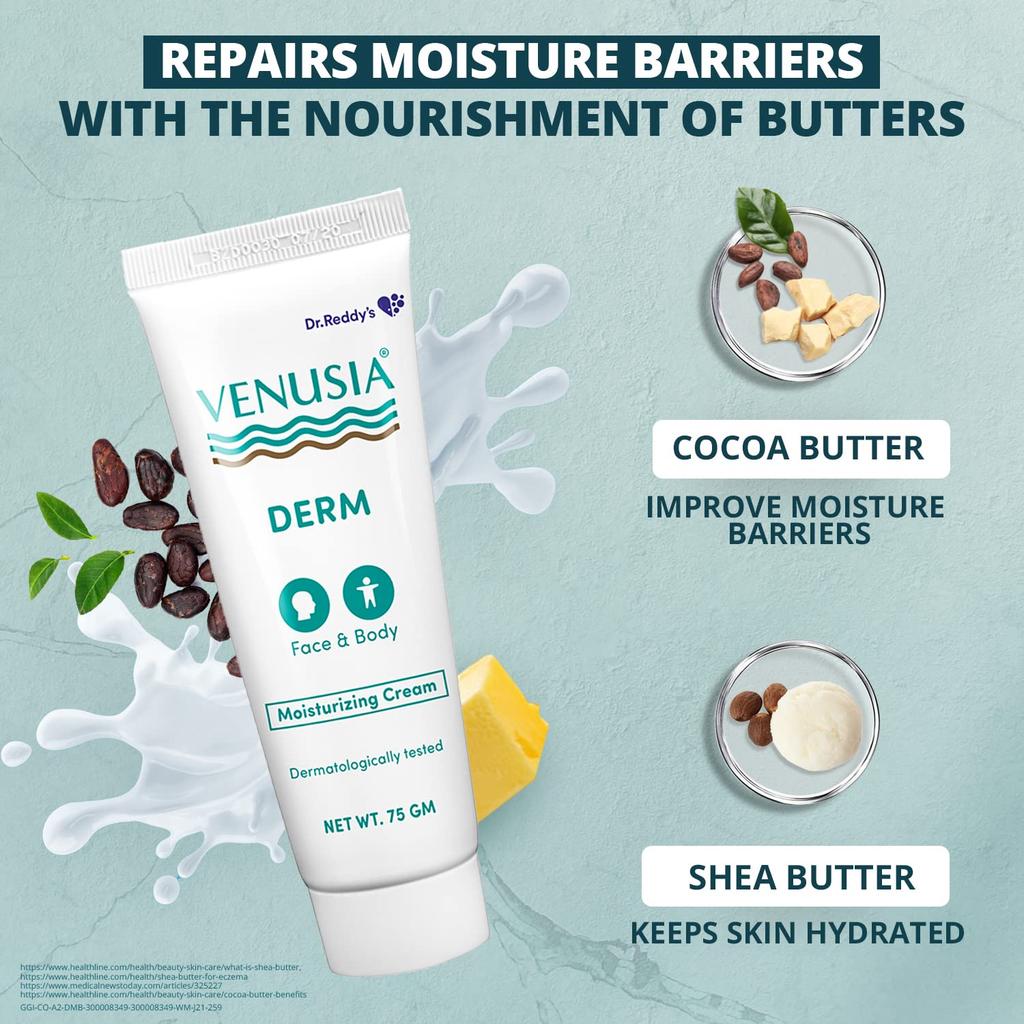 VENUSIA Dr. Reddy's Derm Moisturizing Cream 75G Pack of 2 for Dry Skin 24-Hour Hydration Barrier Repair