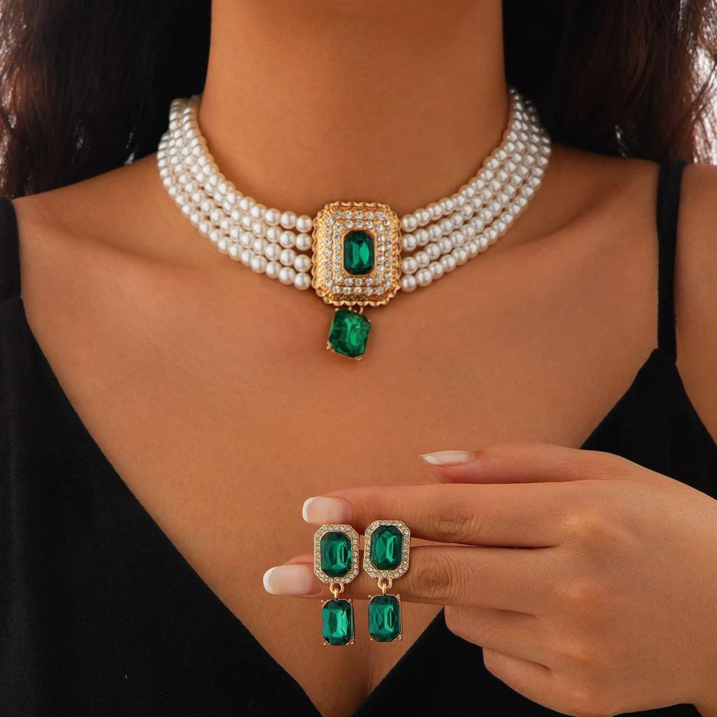 DIEZI ElegantFashion  Imitation Pearl Crystal Rhinestone Choker Necklace Stud Earrings Vintage Jewelry Sets Party Gift Jewelry