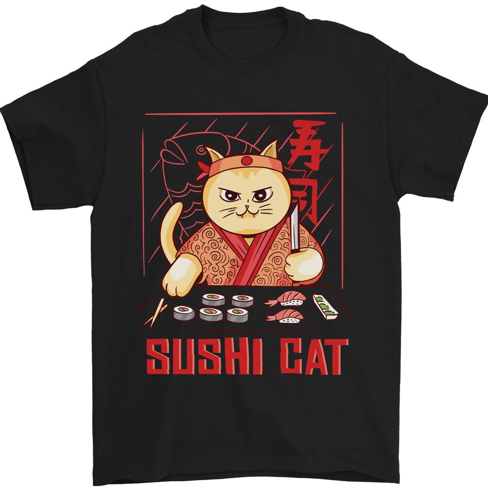 Funny Sushi Cat Food Fish Chef Japan Mens TShirt Cotton Unisex T-Shirt