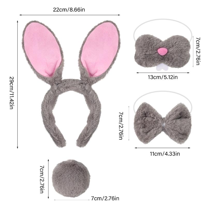 Ободок с кроличьими ушками, бабочка, нос, кроличий хвостик для Хэллоуина, косплей-вечеринки, 4 шт., костюм пасхального кролика для детей и взрослых