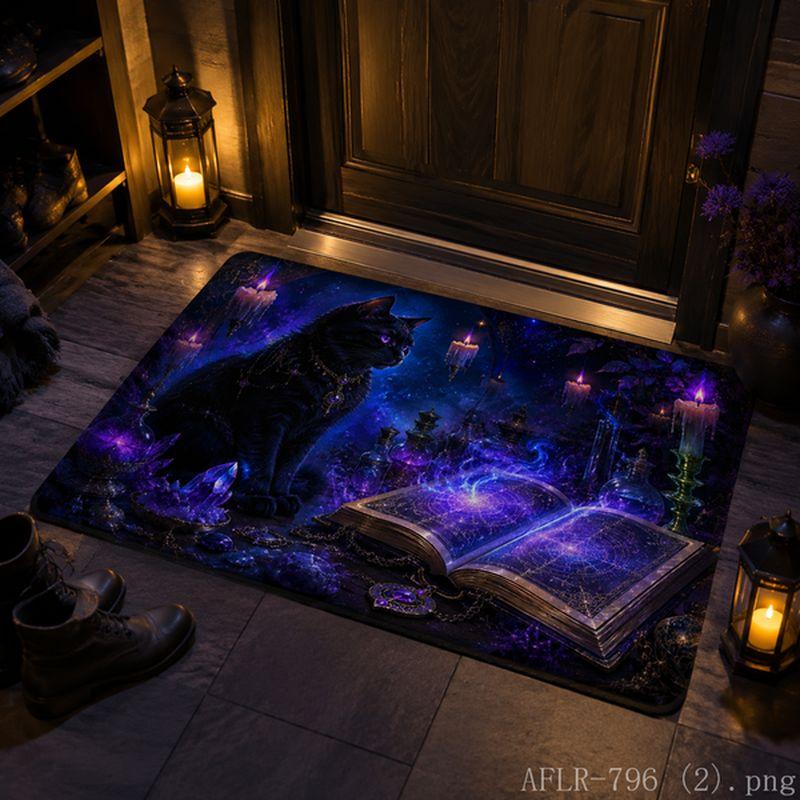 Halloween Black Cat Starry Sky Carpet Pumpkin Moon Non-Slip Rug Entry Door Mat Home Decor