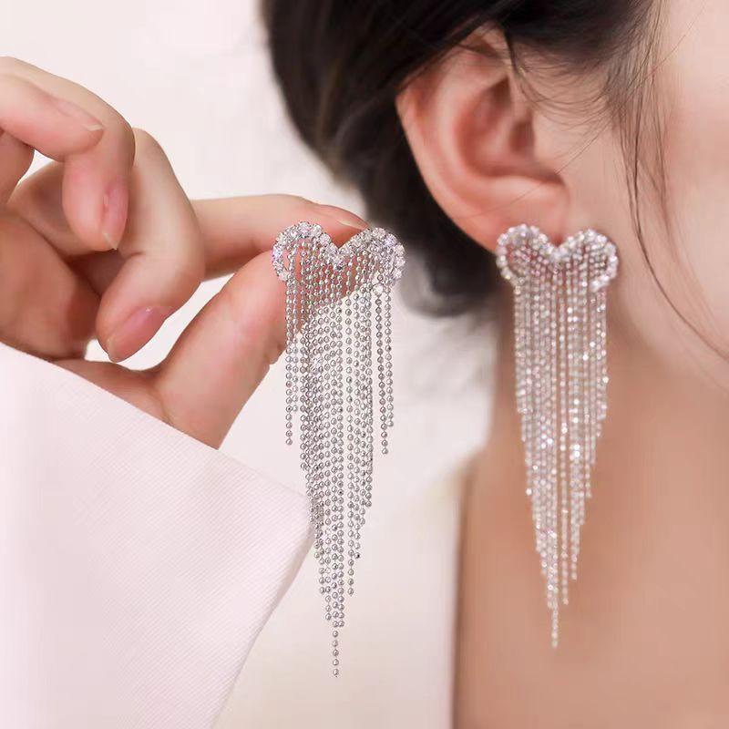 Серебряная Игла Алмазная Любовь Серьги с Бахромой Женские, Модные Легкая Роскошь Худые Длинные Серьги для Лица Серьги
