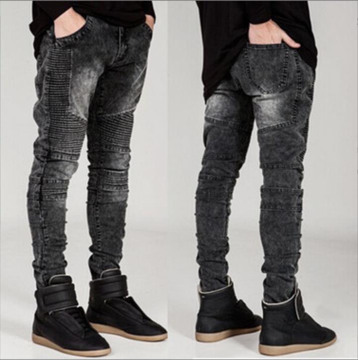 MAITA New Trend Men Casual Slim Jeans Pleated Stretch Street Long Straight Denim Pants Plus Size