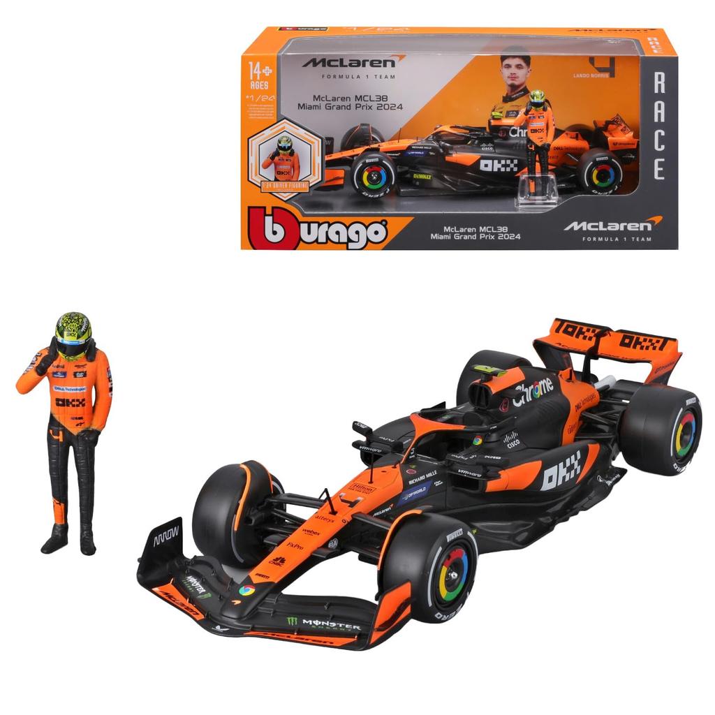 Bburago 2024 Model Scale F1 McLaren MCL38 with Lando Norris Figure Race Sports Car Diecast Model Car 1/24 #4 / 18-28040 (#4)