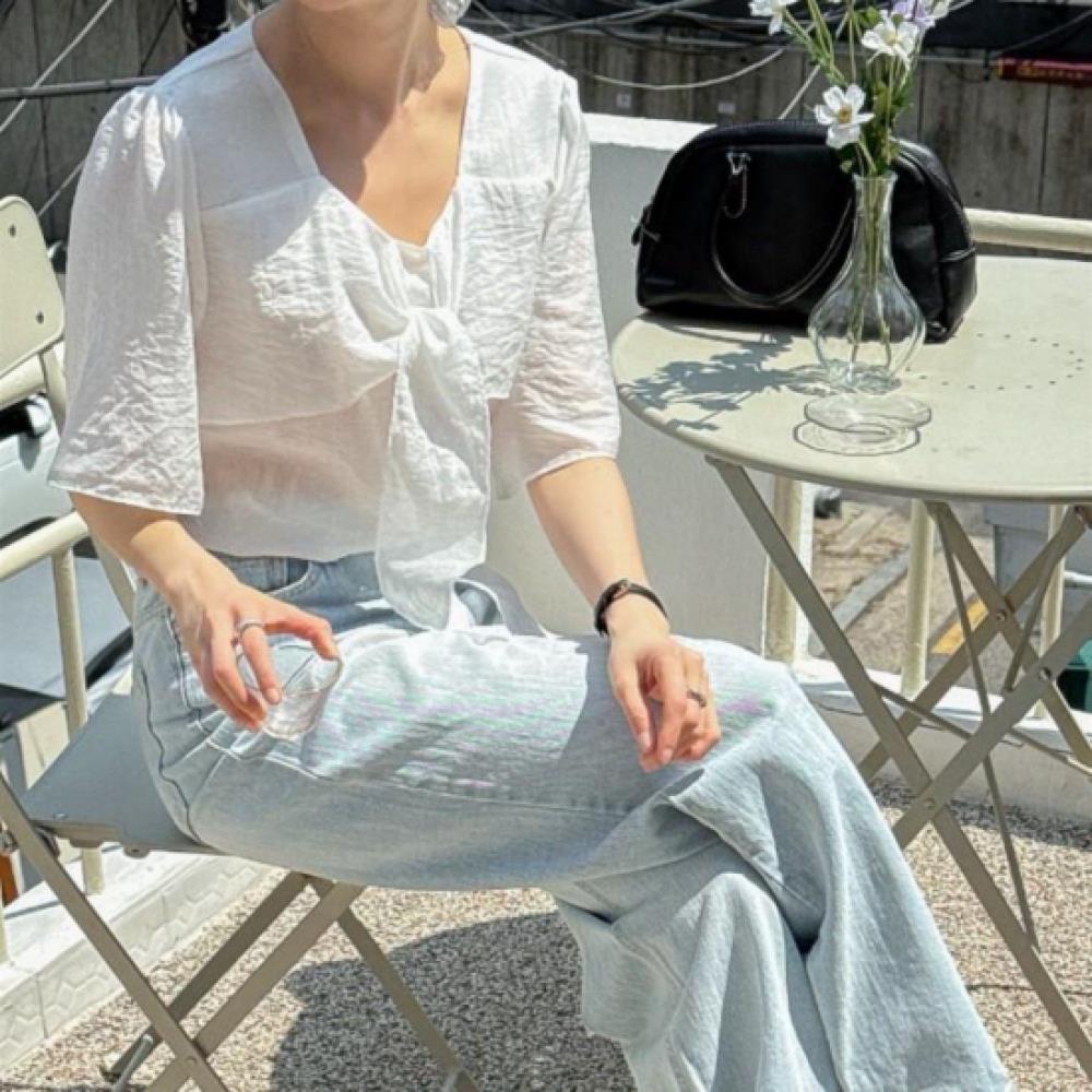 New Arrivals Open Run Women Rayon Sheer Bow Decor Short Sleeve Blouse