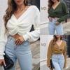 Women Fall Winter Solid Color Long Sleeve Knotted Crop Knit Sweater
