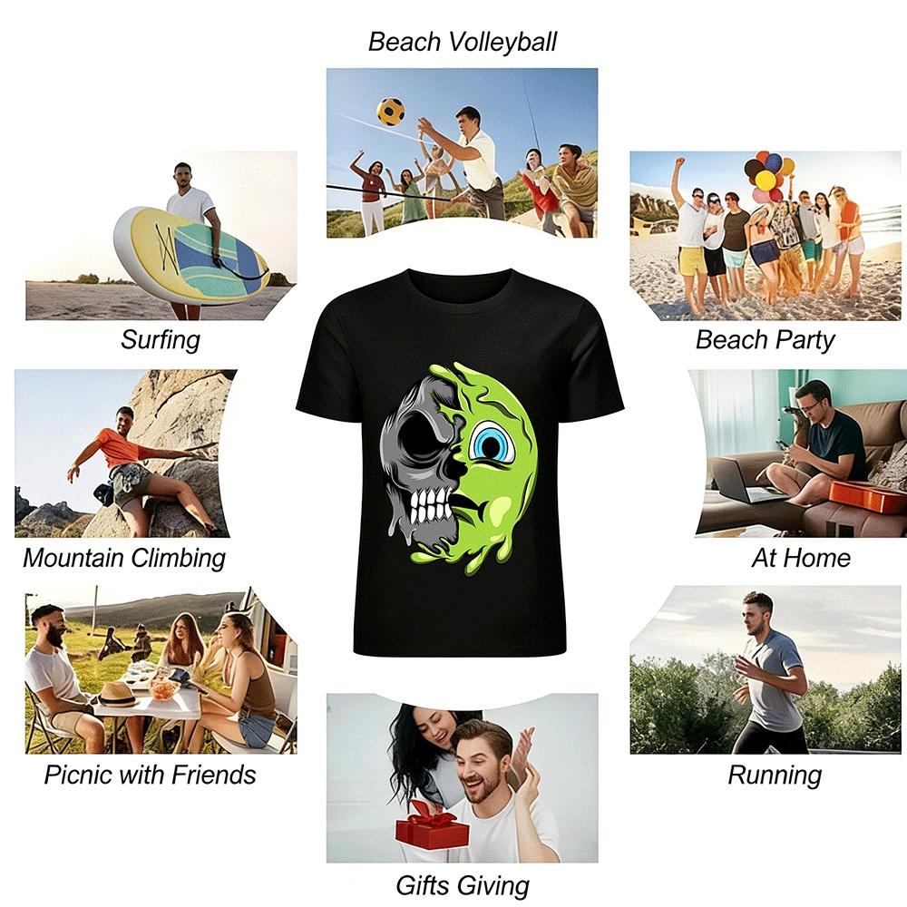Half Skull Melted Green Face Print Trendy Casual Short Sleeve T-Shirt Pure cotton T-shirt