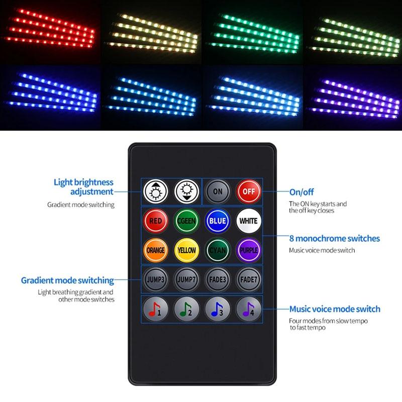 Неоновая подсветка салона автомобиля, светодиодная лента, USB, беспроводной пульт управления, освещение, RGB, атмосферная декоративная лампа, 8 цветов