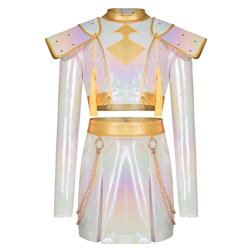 Детский Костюм Охотницы Косплей Хэллоуин Певица Демон Переливающийся Блестящий Кроп-Топ Отделка Пайетками Верхняя Одежда Поясная Цепочка Шорты