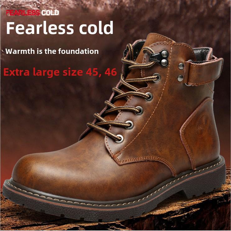 2025 British Men's Plus Velvet Leather Martin Boots Mid-Cut - Теплые, модные повседневные хлопковые ботинки