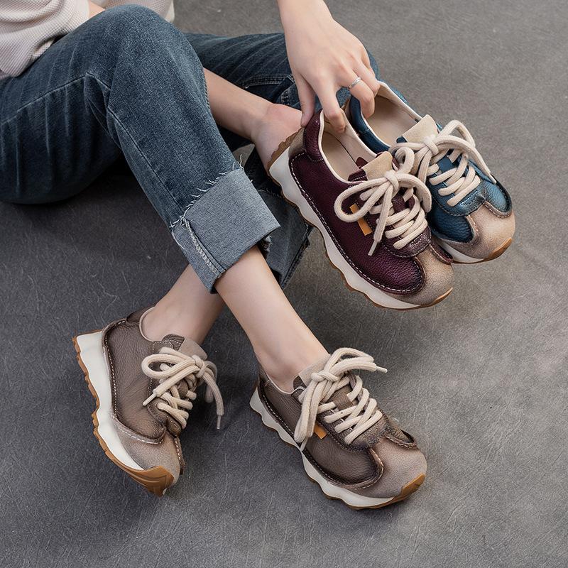 Fashion GKTINOO Lace-up Women's Flat Shoes Genuine Leather Sneakers Mixed Colors 2025 New Handmade Comfortable Retro Platform Sneakers