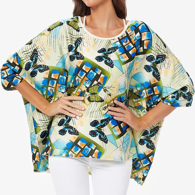 Шифоновые туники больших размеров с цветочным принтом, блузки для женщин, летние рубашки в стиле «летучая мышь» в стиле бохо, пляжные накидки