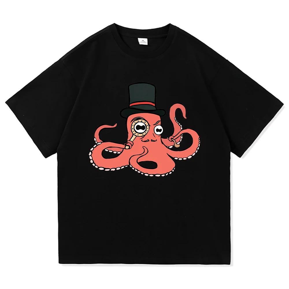 Octopus Wearing Beanie T Shirt Japanese Style Funny Menkids Clothing Harajuku Clothes Vintage High Quality Tops Cotton TShirts