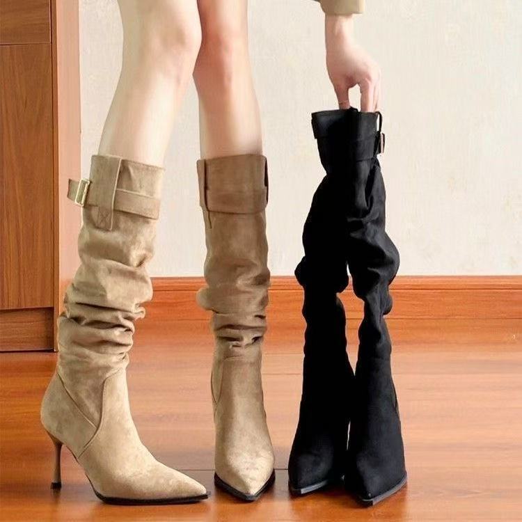Сапоги на высоком каблуке 'Wind Year' Пряжка-ремень Остроносые Сапоги в стиле 'Fairy Boots' Сапоги Шпилька