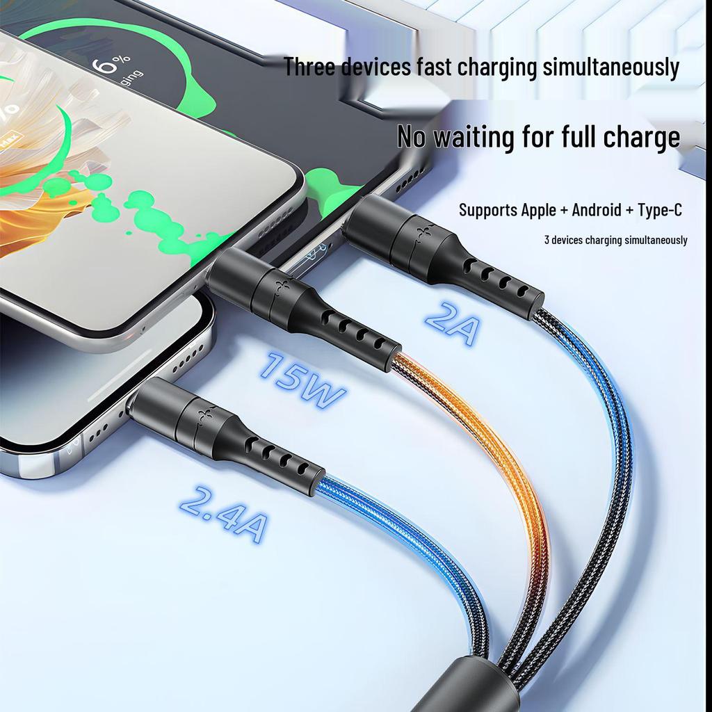 One-to-Three Braided Fast Charging Cable for Apple and Android Devices, USB-C Supported