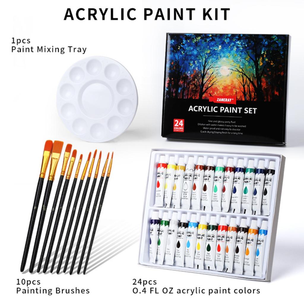 Acrylic Paint Set - 24 Colors 12ml For Canvas Fabric Leather Easter Egg Wood Ceramic Glass Art Craft Painting